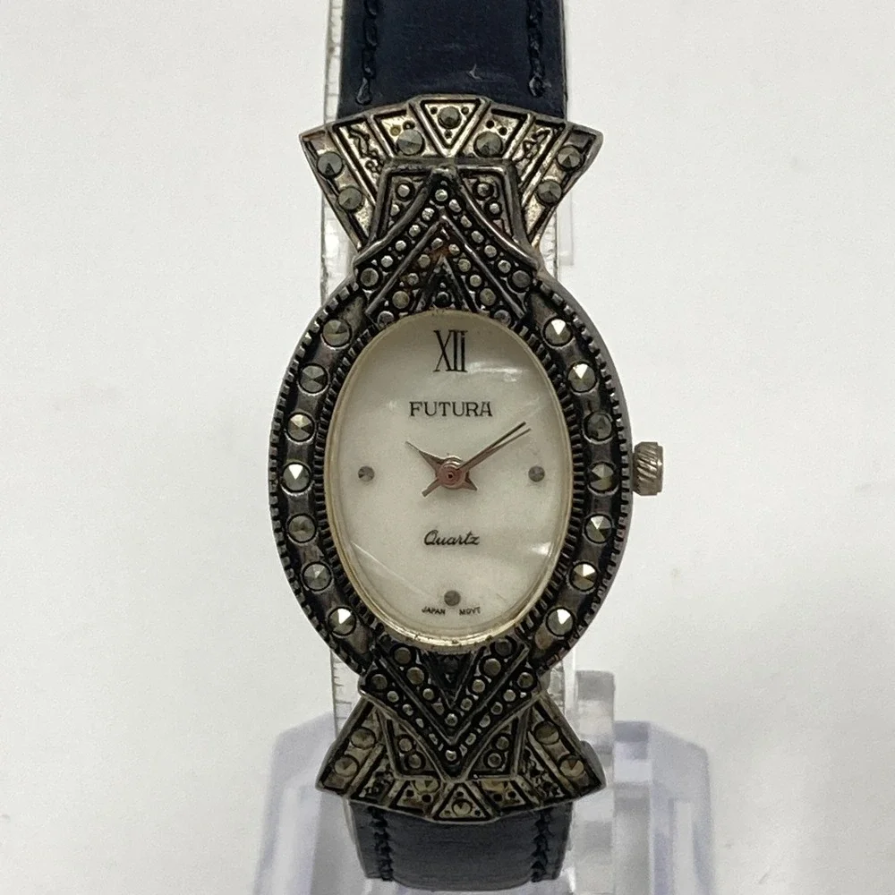 Vintage Futura Women's Watch Marcasite 22mm Silver Tone MOP Oval New Battery 8